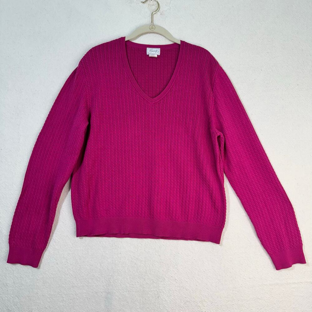 Foxcroft Pink V-Neck Cable Knit Cotton Sweater Size X-Large XL VTG Classic Prep